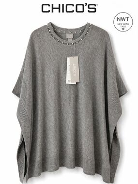 Chico’s Gray Poncho Sweater Pearl Embellished Neckline Soft Small Medium